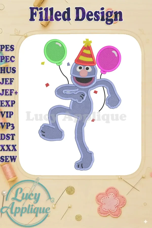 A joyful Grover from Sesame Street, wearing a party hat and holding balloons, is shown in a filled embroidery design; perfect for birthday celebrations.