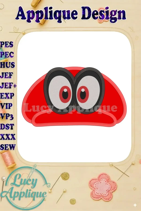 Embroidery design of a Super Mario Odyssey hat applique. The design showcases a red hat with iconic eyes, suitable for various crafting projects.