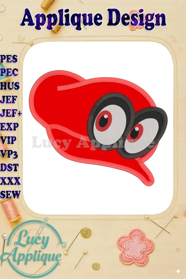 Embroidery design of a red Super Mario Odyssey hat with two large eyes. Applique design, suitable for various fabrics.