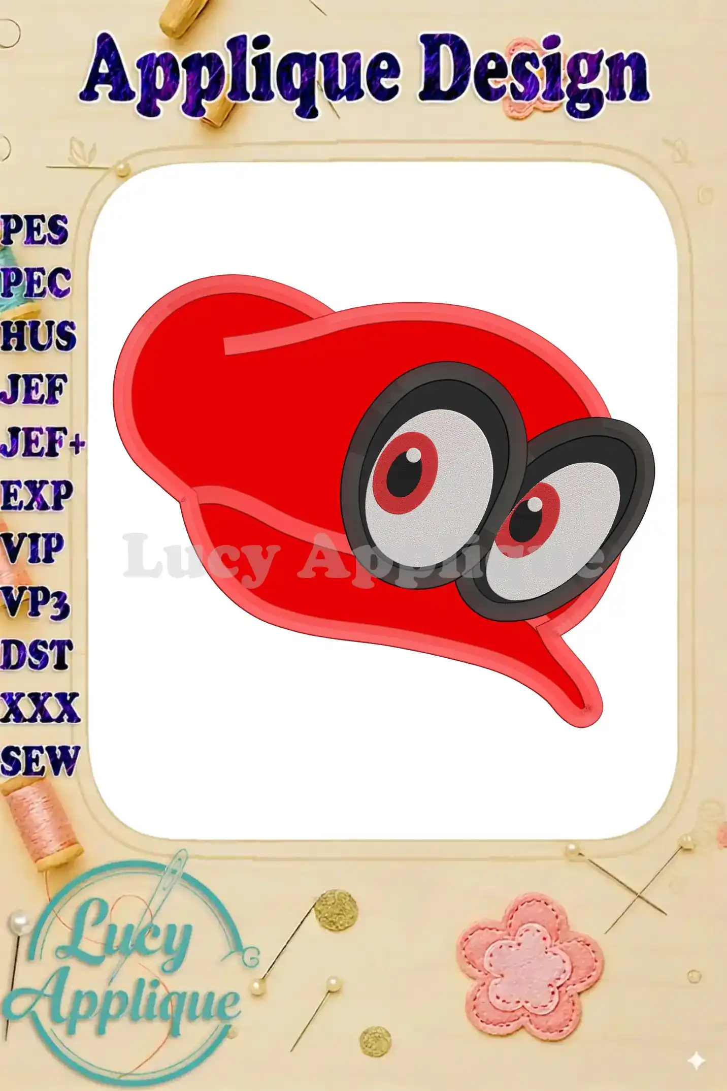 Embroidery design of a red Super Mario Odyssey hat with two large eyes. Applique design, suitable for various fabrics.