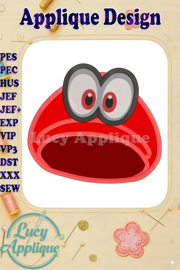 Super Mario Odyssey hat applique embroidery design. Red hat with white eyes. Detailed steps for easy embroidery.
