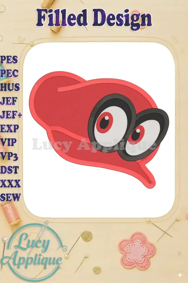 Embroidery design of a Super Mario Odyssey hat, filled stitch, red and black. Perfect for applique projects. Downloadable PES, JEF, HUS, VIP, etc. formats.