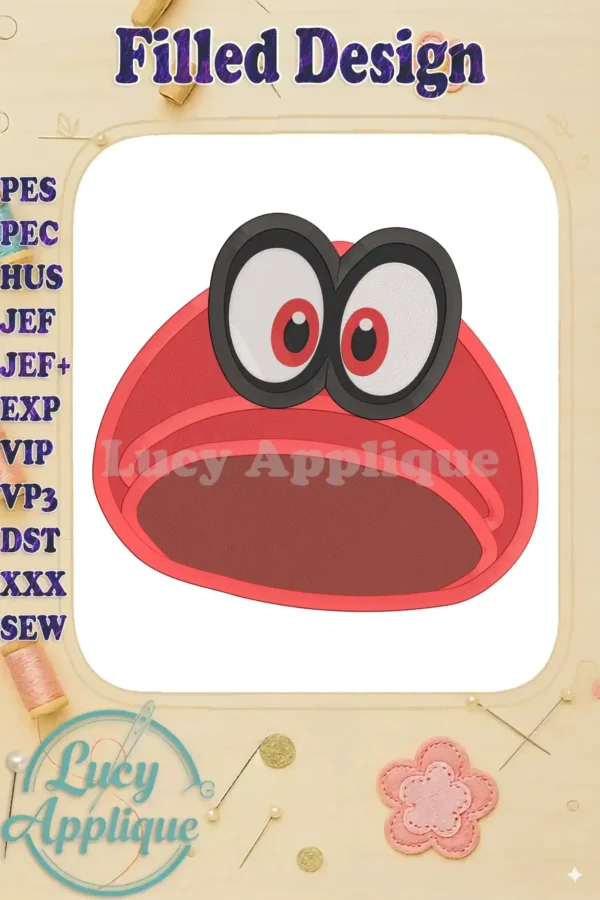 Embroidery design of a Super Mario Odyssey hat, filled stitch style, red with black details. Perfect for adding a fun, geeky touch to your projects. High-quality digital download.