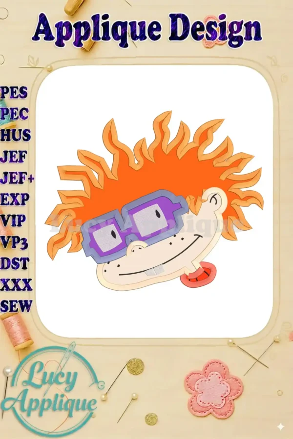 Applique design of Chuckie Finster from Rugrats, showcasing his signature orange hair, glasses, and mischievous grin. This is a digital embroidery pattern.