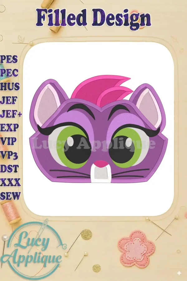 Close-up of the Hissy Puppy filled embroidery design, showcasing its vibrant colors and detailed features. Perfect for creating cute patches or appliques.