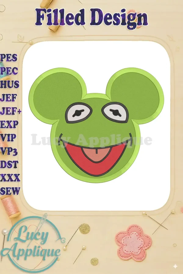 A charming machine embroidery design of Kermit the Frog with Mickey Mouse ears. The design is filled and features vibrant green and red colors. Perfect for various sewing projects.