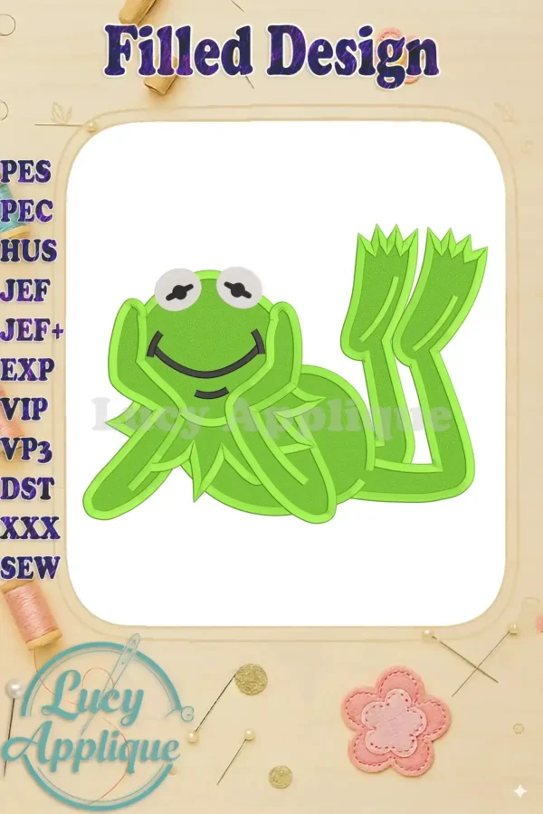 Kermit the Frog from Sesame Street is depicted in a relaxed pose in this filled machine embroidery design. The design is shown on a white background within a square frame.