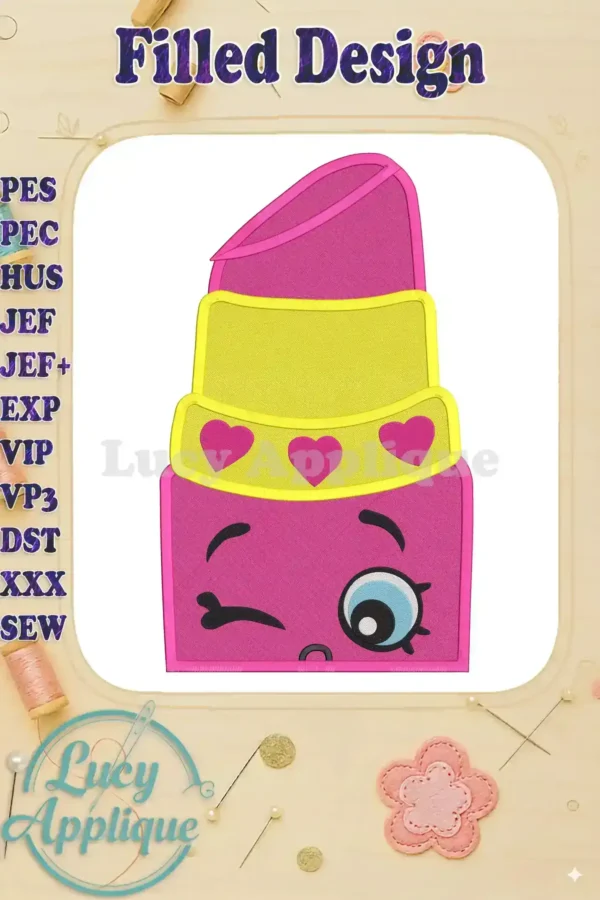 Shopkins Lipstick head fill machine embroidery design. Features a pink lipstick with a cute face and hearts. Perfect for adding a fun touch to your projects.