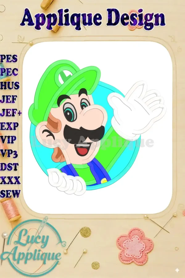 Embroidery design of Luigi from Super Mario, shown as a cheerful applique in a circular frame. The design is vibrant and colorful, ready to be stitched.