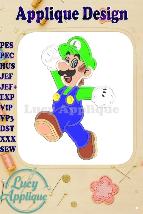 Embroidery design showcasing Luigi from Super Mario, depicted in a dynamic pose with vibrant colors and applique style. Perfect for adding a fun, playful touch to your projects.