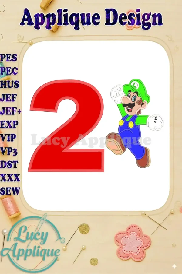 Embroidery design featuring Luigi from Super Mario celebrating his 2nd birthday. The number 2 is prominently displayed with Luigi.