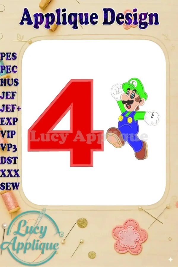 Luigi Super Mario Birthday applique design, showcasing a festive number 4 with Luigi from Super Mario, ready to be embroidered.