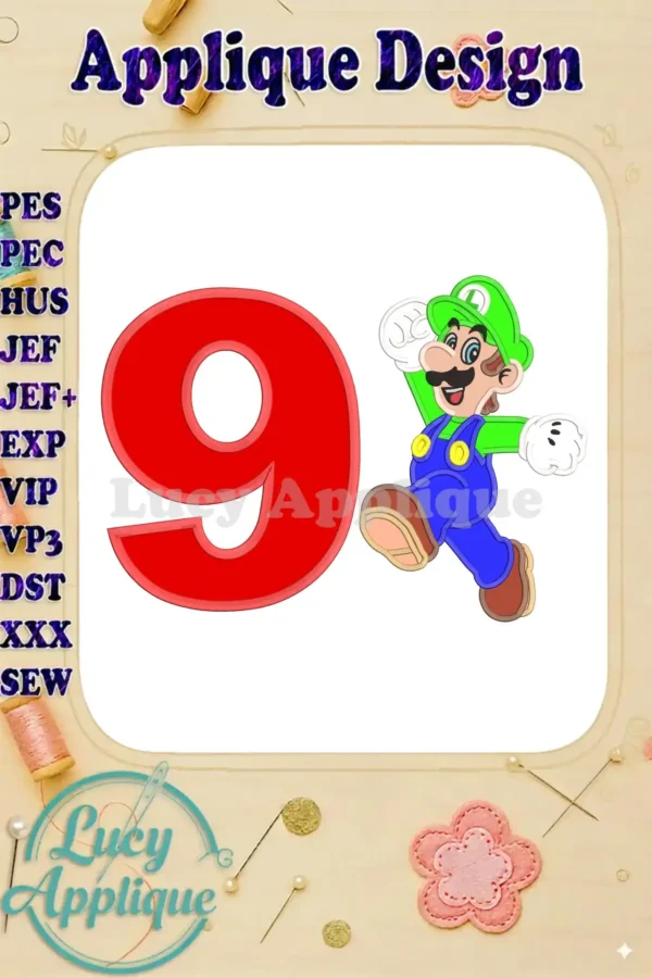 Embroidery design featuring Luigi from Super Mario, forming the number 9. Perfect for a birthday celebration, this applique design is available in various formats.