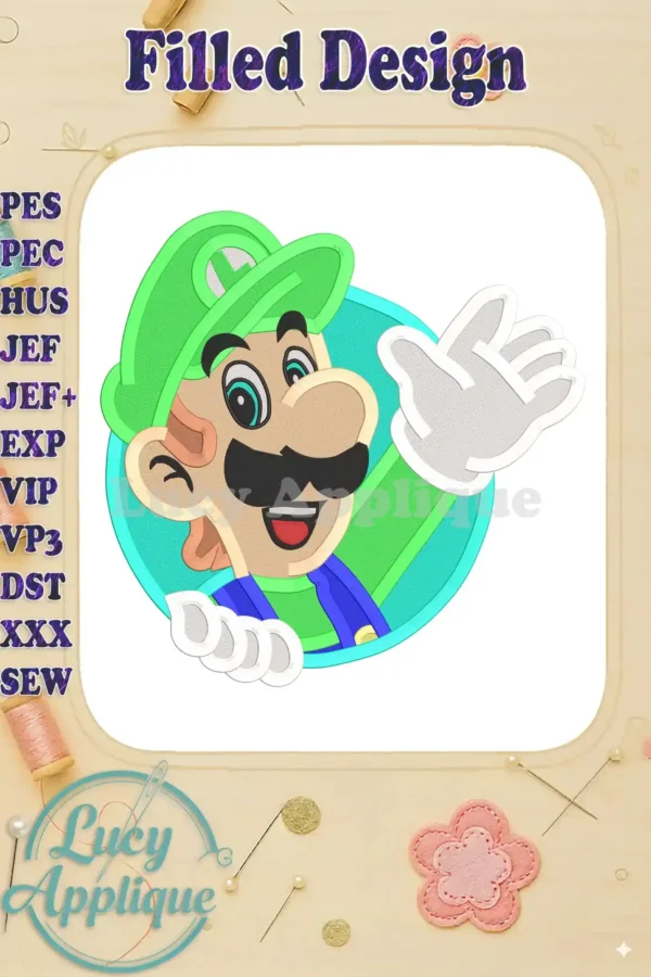 A vibrant filled embroidery design of Luigi from Super Mario, waving. The design is circular and features bright, bold colors against a white background.
