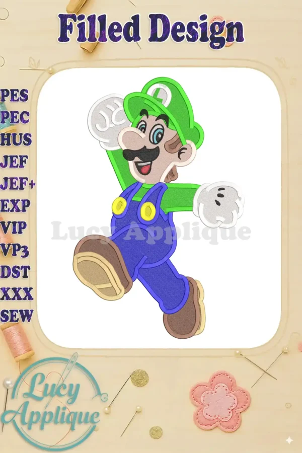 Embroidery design of Luigi from Super Mario, showcasing a filled stitch style. The design is vibrant and detailed, perfect for adding a fun touch to any project.