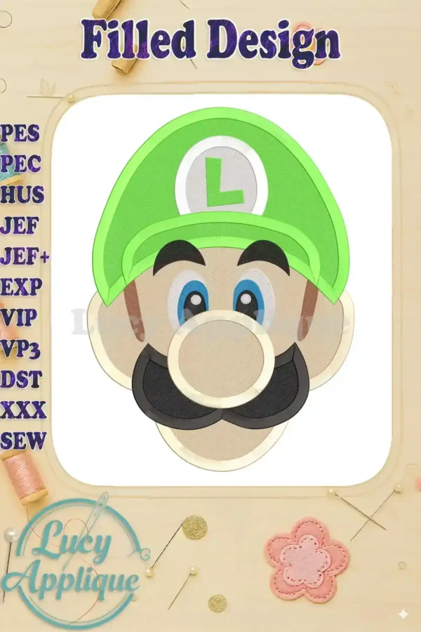 Embroidery design of Luigi's head from Super Mario, a filled design with a green cap and mustache. Various file formats are listed for downloading.