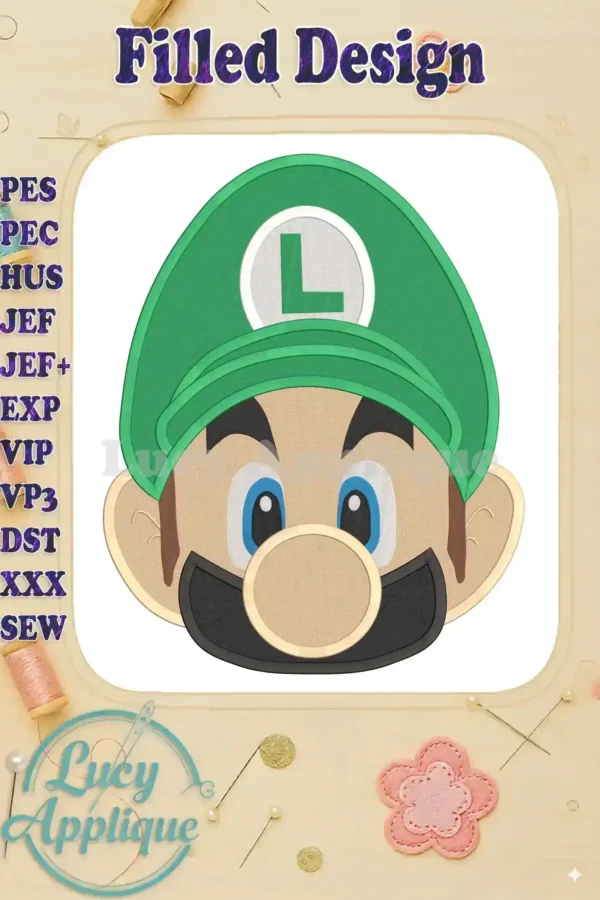 Embroidery design of Luigi's face from Super Mario, in green and brown, with a detailed filled stitching style. It's a digital design, shown on a beige background.