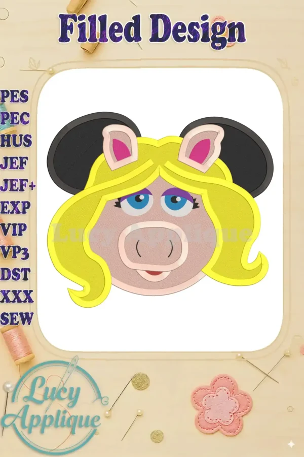 Miss Piggy with Mickey Mouse ears, in yellow and pink, a filled machine embroidery design. Perfect for applique projects!