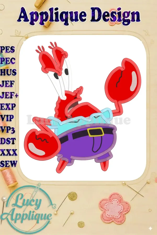 Embroidery design of Mr. Krabs from SpongeBob SquarePants. Applique design in red, purple, and white. Includes PES, PEC, HUS, JEF, JEF