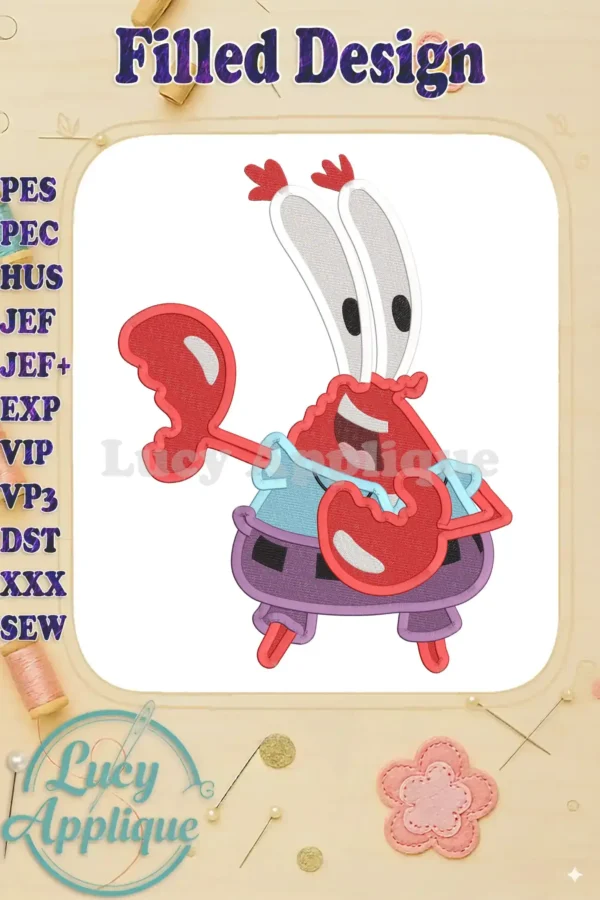 Embroidery design of Mr. Krabs from SpongeBob, showcasing vibrant colors and detailed stitching. Perfect for adding a fun, nautical touch to your projects.