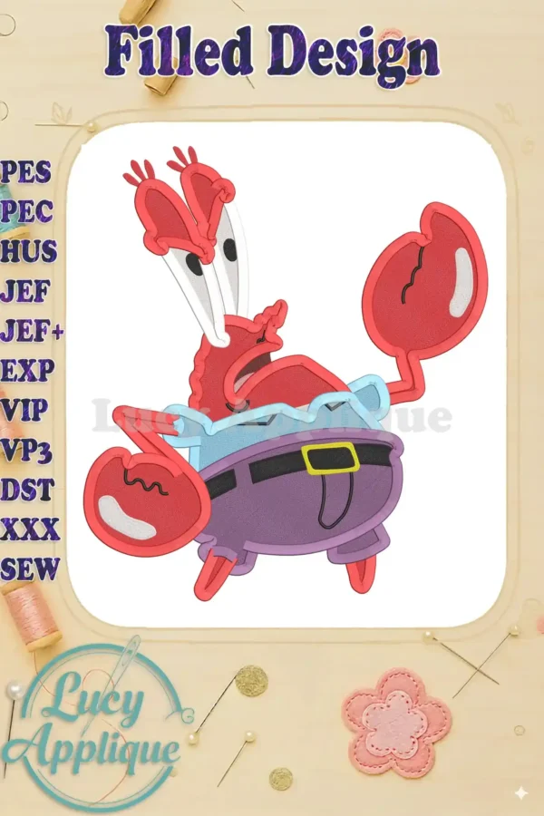 Embroidery design of Mr. Krabs from SpongeBob, showcasing vibrant colors and detailed filled stitches. Perfect for adding a fun, nautical touch to your projects.