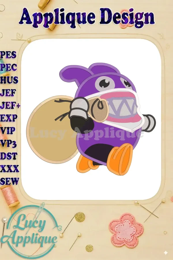 Nabbit Super Mario Applique Embroidery Design. This image showcases a charming purple Nabbit character from Super Mario, ready to be embroidered. The design is presented on a white background with applique elements clearly visible.