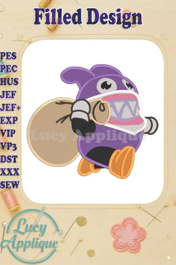 A charming purple Nabbit from Super Mario, carrying a sack, is featured in this filled machine embroidery design. The design is set against a white background.