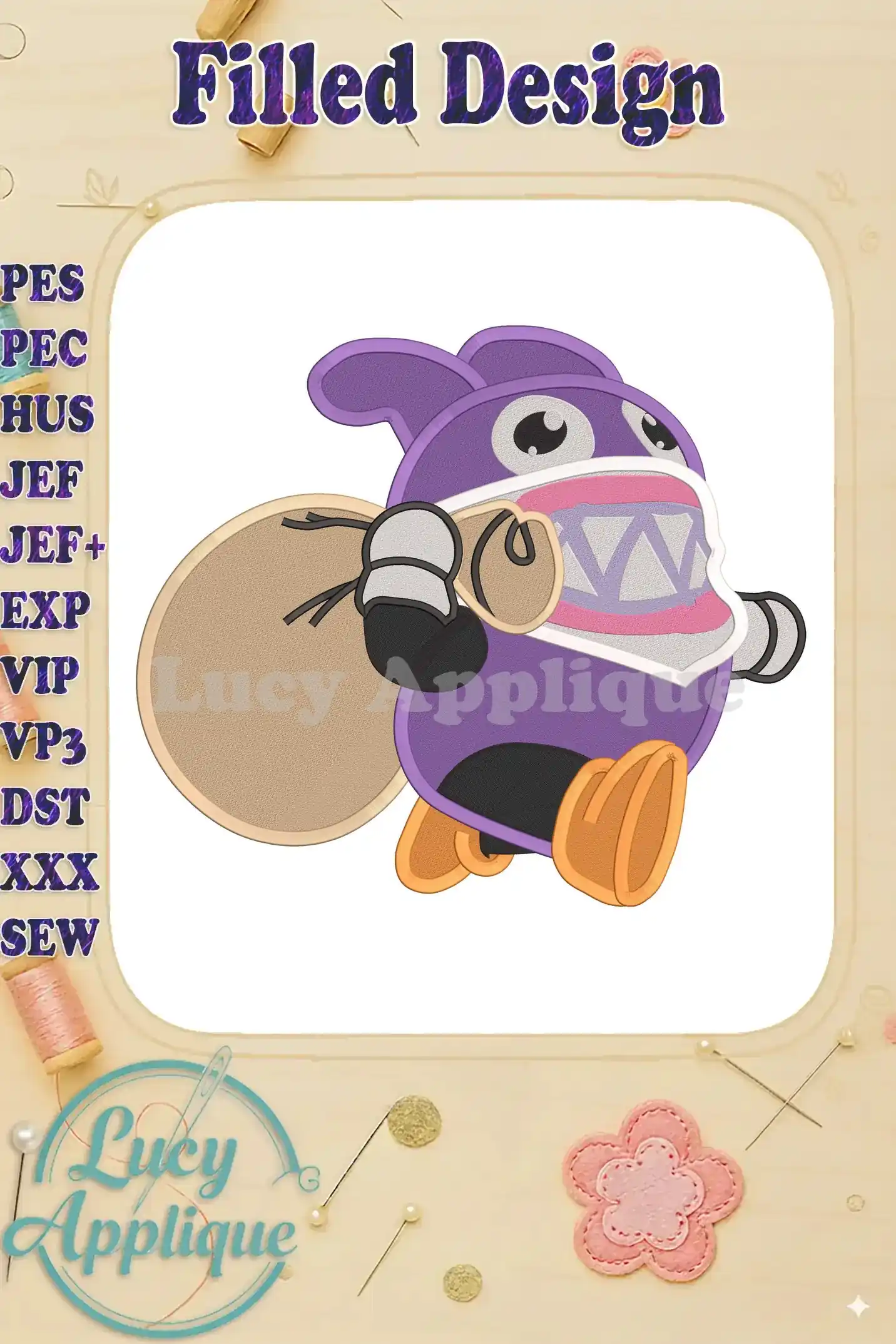 A charming purple Nabbit from Super Mario, carrying a sack, is featured in this filled machine embroidery design. The design is set against a white background.