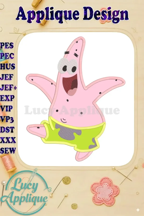Patrick Star from Spongebob, in applique embroidery design. Pink starfish character with green shorts. Ready-to-stitch pattern.