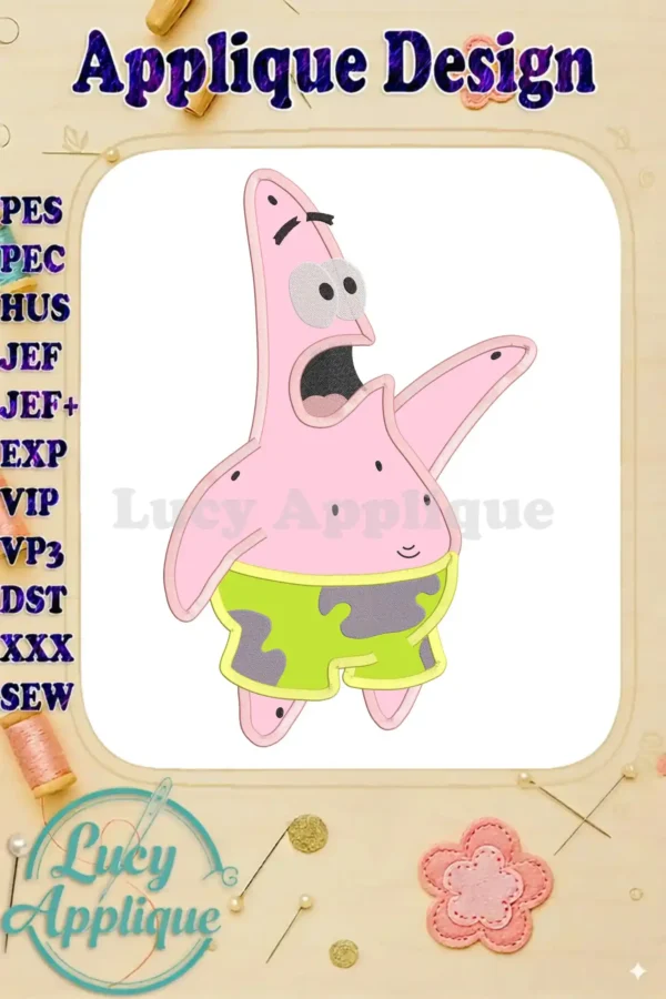Main image showcasing a charming Patrick Star applique embroidery design, ready to be stitched. Includes various file formats for different embroidery machines.