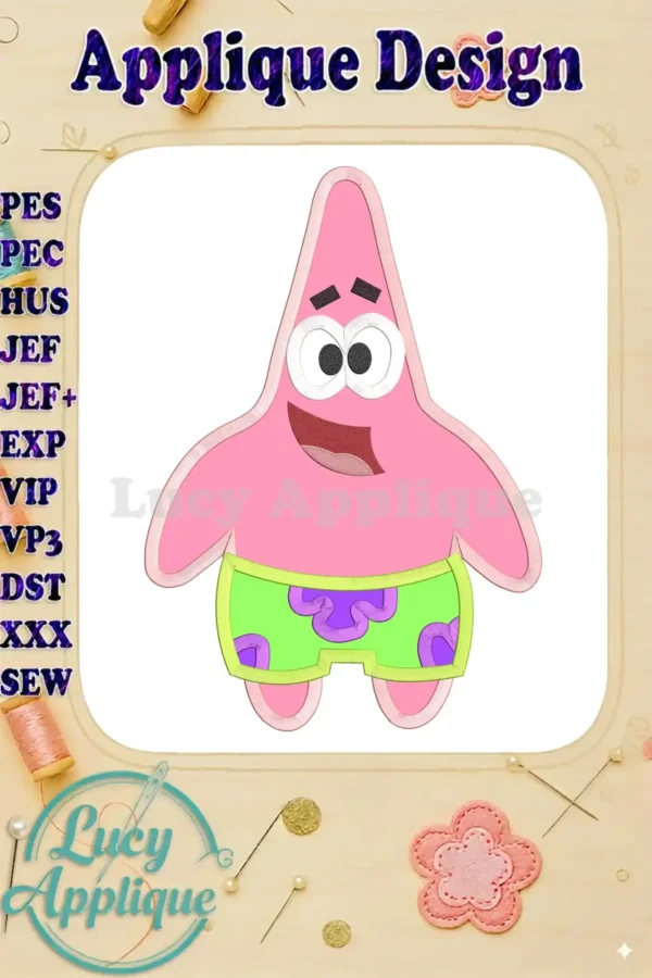 Patrick Star from SpongeBob, in pink, wearing green shorts, presented as an applique embroidery design. The image includes design specs and file formats.
