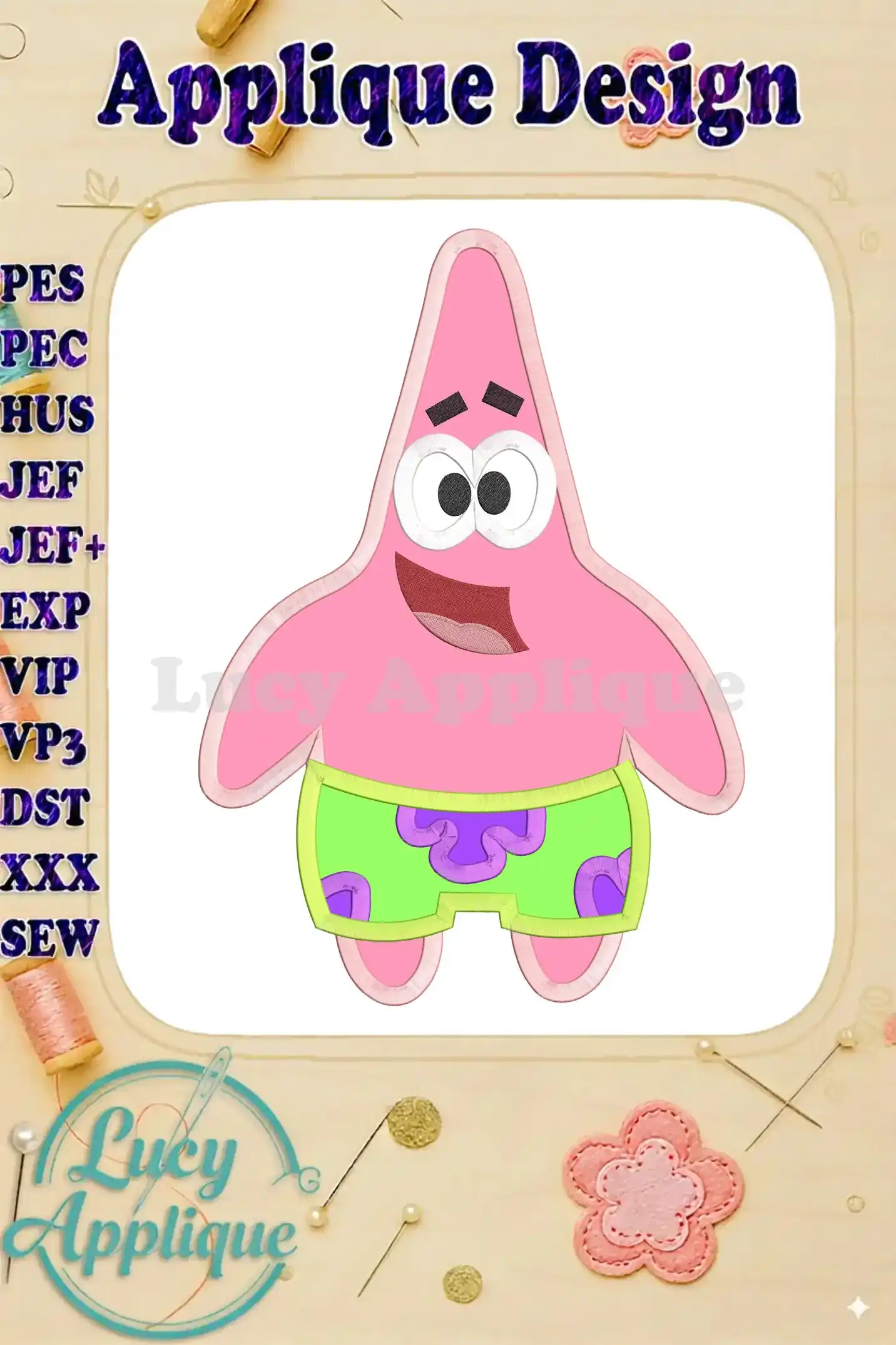 Patrick Star from SpongeBob, in pink, wearing green shorts, presented as an applique embroidery design. The image includes design specs and file formats.