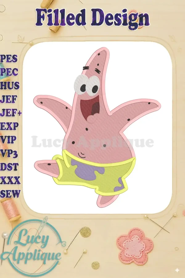 Embroidery design of Patrick Star from Spongebob Squarepants, showcasing a filled stitch style. The design is cheerful and vibrant, perfect for adding a fun touch to any project.