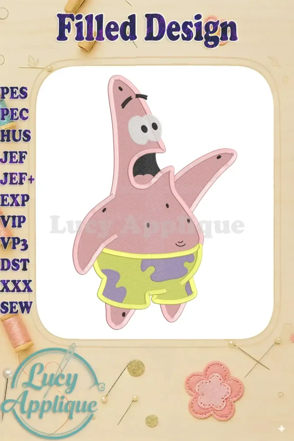 Embroidery design of Patrick Star from Spongebob, showcasing a filled stitch style. The design is presented on a cream background with decorative elements.