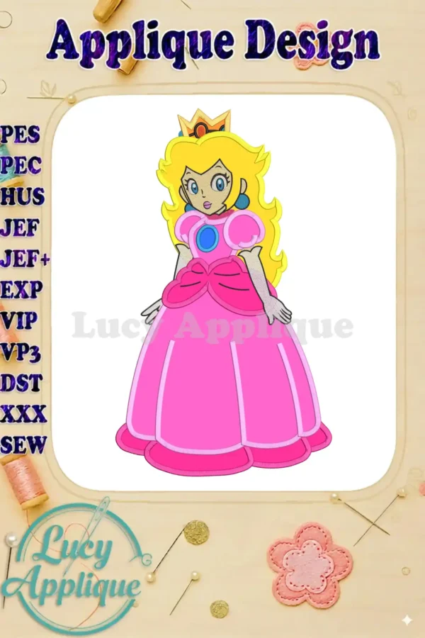 Princess Peach applique embroidery design showcasing a vibrant, detailed rendering of the iconic character. Perfect for adding a playful touch to clothing or home decor.