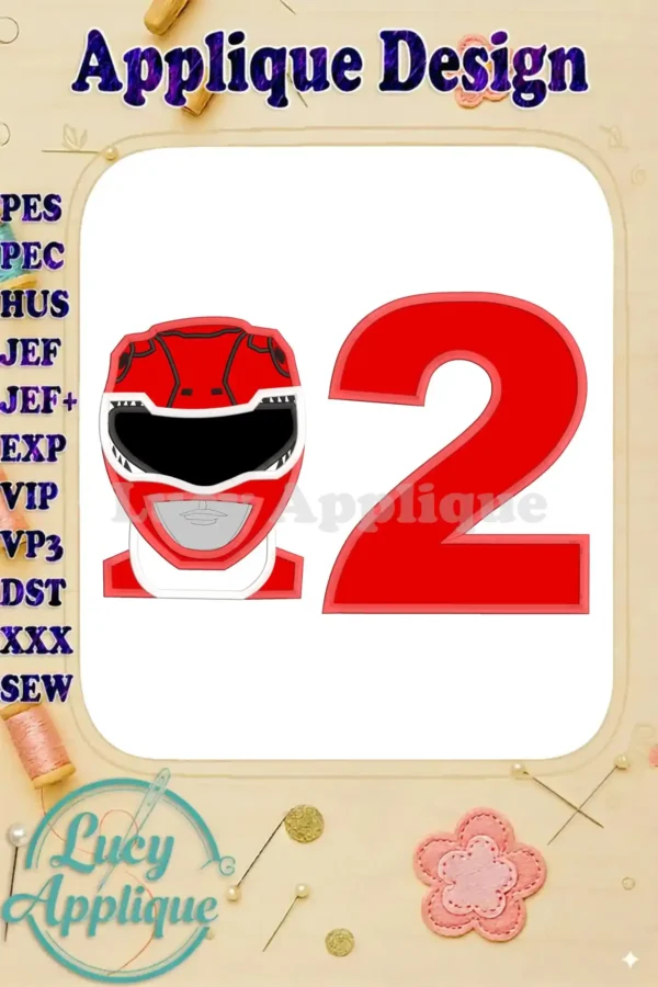 Red Power Rangers helmet and the number 2, both in applique style, ready for embroidery. This design is perfect for a birthday celebration, adding a fun and personalized touch.