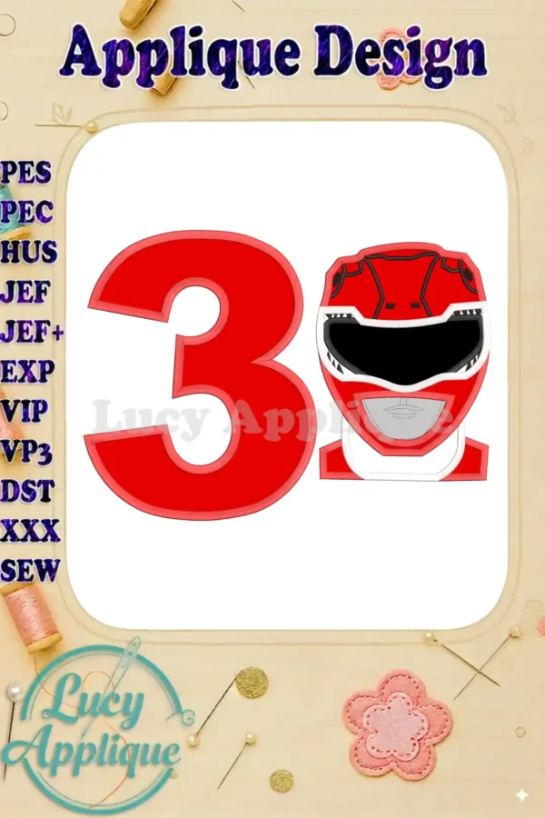 Embroidery design featuring the number 3 and the Red Power Rangers helmet, ready for applique. Perfect for a 3rd birthday celebration.