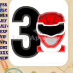 Red Power Rangers Head Birthday Number 3 Applique Embroidery Design - Instant Download