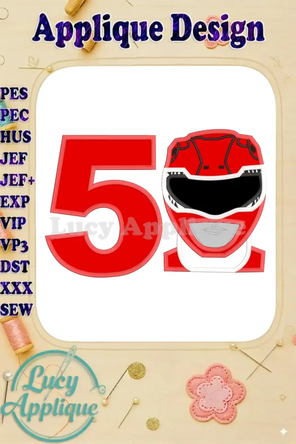 A vibrant applique design showcasing the Red Power Rangers helmet and the number 5, ideal for a 5th birthday celebration. High-quality embroidery.