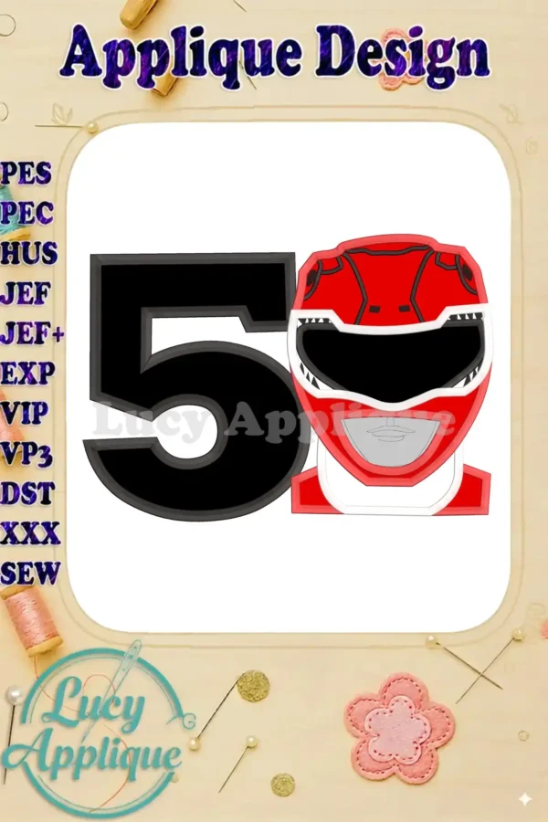 A detailed close-up of the Red Power Rangers applique embroidery design, showing the number 5 and the Ranger's head. Perfect for a 5th birthday celebration.