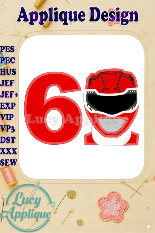 Embroidery design featuring the Red Power Ranger's helmet and the number 6, perfect for a 6th birthday celebration. Great for applique projects on clothing or party decor.