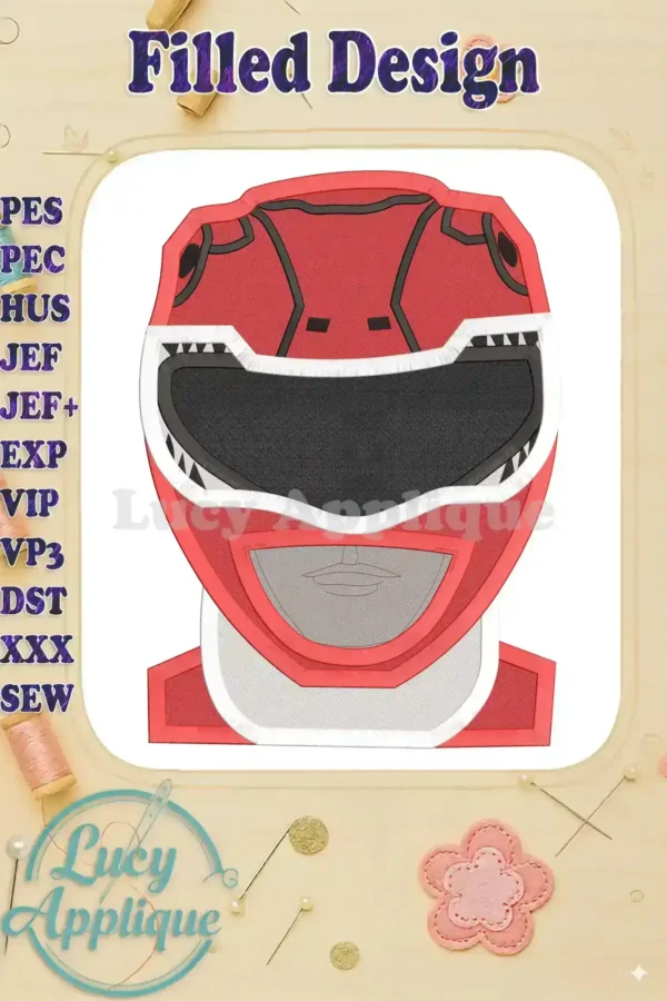 Embroidery design of the Red Power Ranger helmet. Filled stitch style. Design is shown on a beige background with decorative elements.