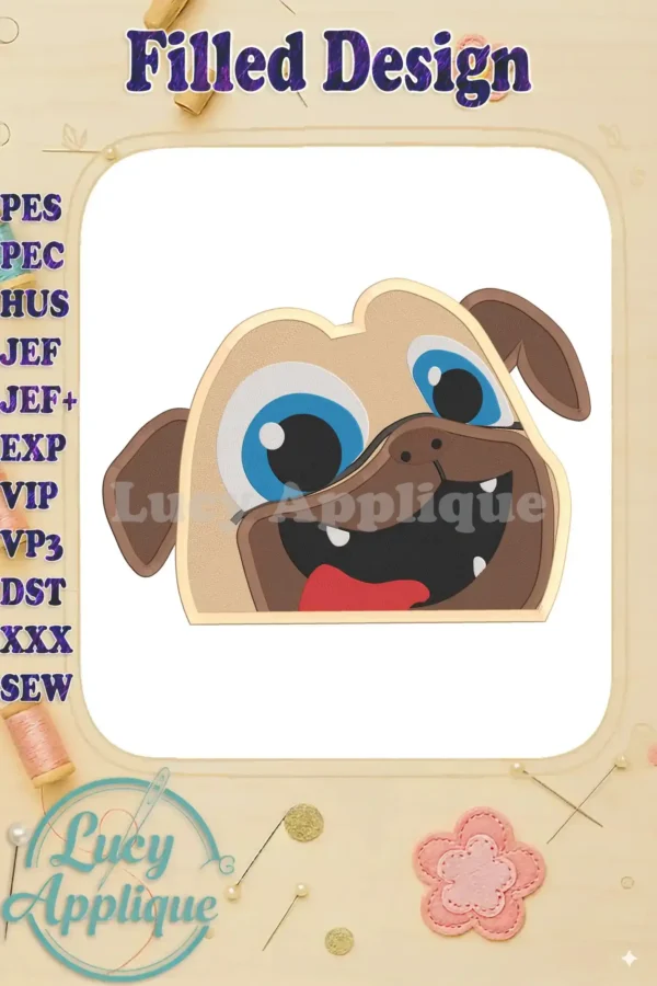 Embroidery design of Rolly, the pug from Puppy Dog Pals, showcasing his playful expression and filled stitch style. Perfect for adding a cute, whimsical touch to your projects.