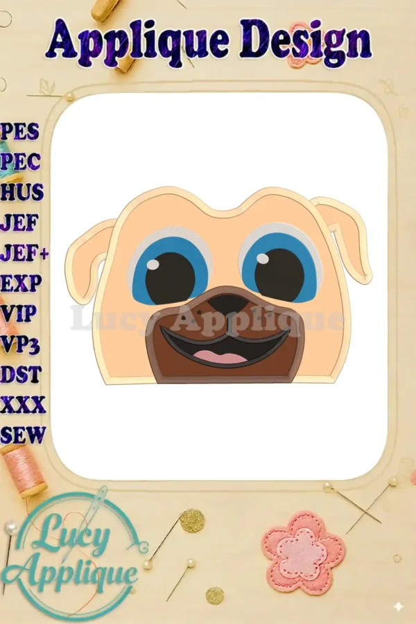 Rolly Puppy applique embroidery design. Features a cheerful pug face with bright blue eyes. Perfect for adding a playful touch to your sewing projects.