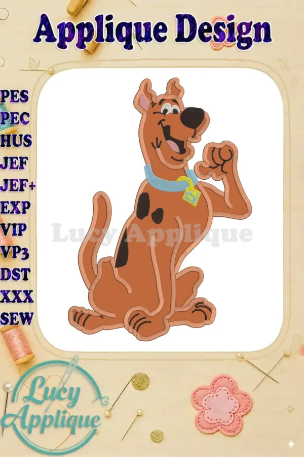 Embroidery design of Scooby Doo, the Great Dane from the Scooby Doo cartoon, in an applique style. The design shows Scooby in a sitting position with his signature playful expression.