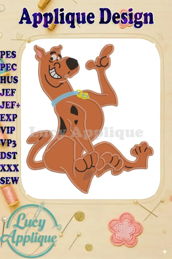 Main image showcasing a delightful Scooby Doo applique embroidery design, ready to be stitched. The design is presented on a white background with design specs.