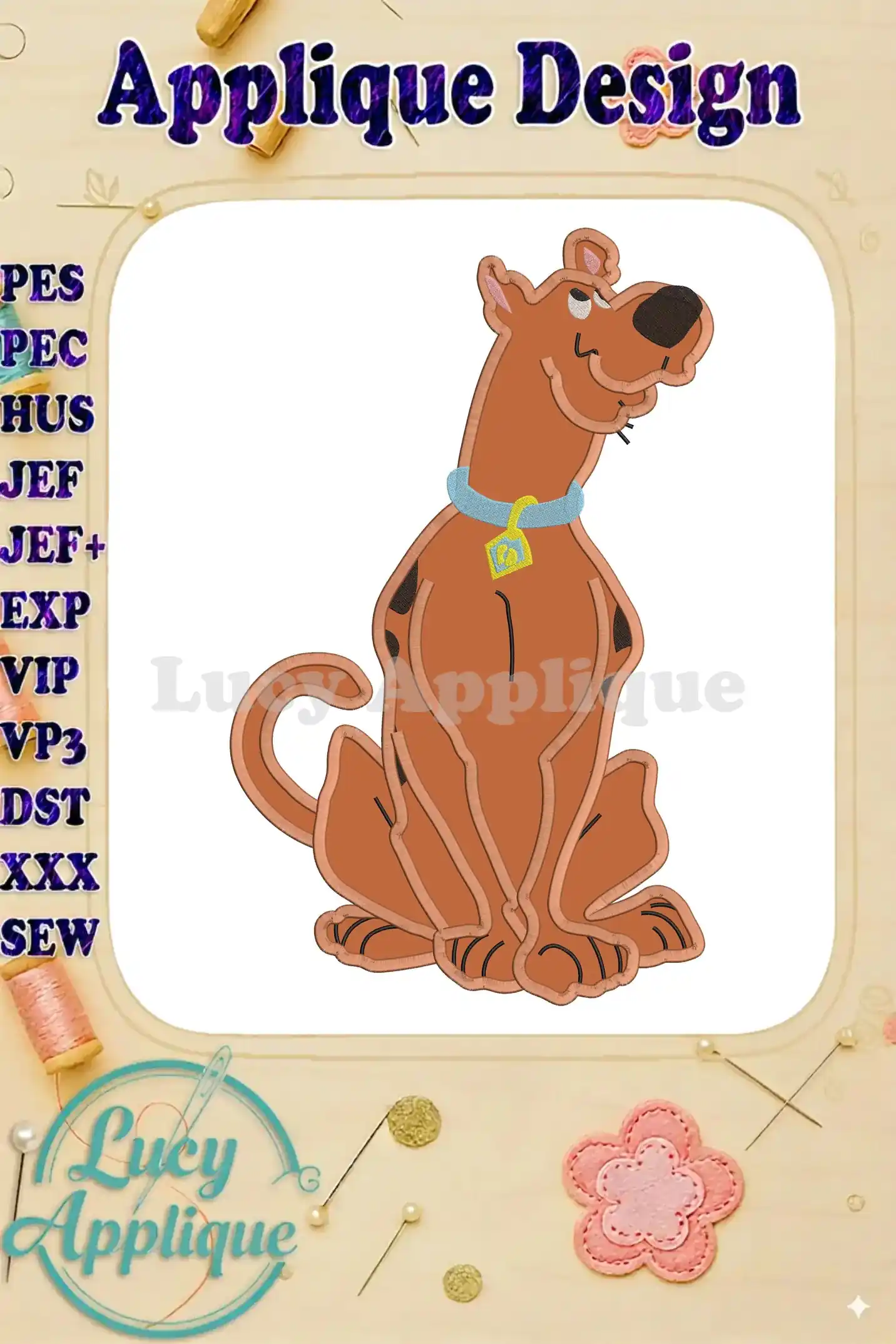 Adorable applique design of Scooby Doo, the Great Dane from the famous cartoon. Sitting pose, detailed features, ready to stitch.