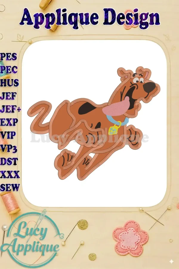 Embroidery design of Scooby Doo, a Great Dane from the Scooby Doo franchise, in an applique style, ready to be stitched. The design showcases Scooby running with his tongue out.