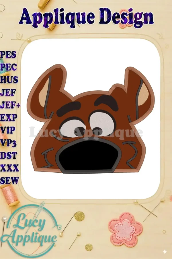 Embroidery design of Scooby Doo's face, ready to be stitched. Applique design shown with various file format options listed. Perfect for adding a fun touch to your projects!