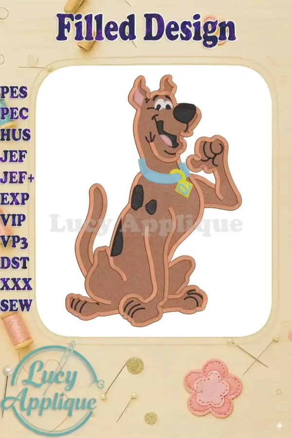 Embroidery design of Scooby Doo, the Great Dane from Scooby Doo, in a filled stitch style. The design is shown in a digital preview on a light background.